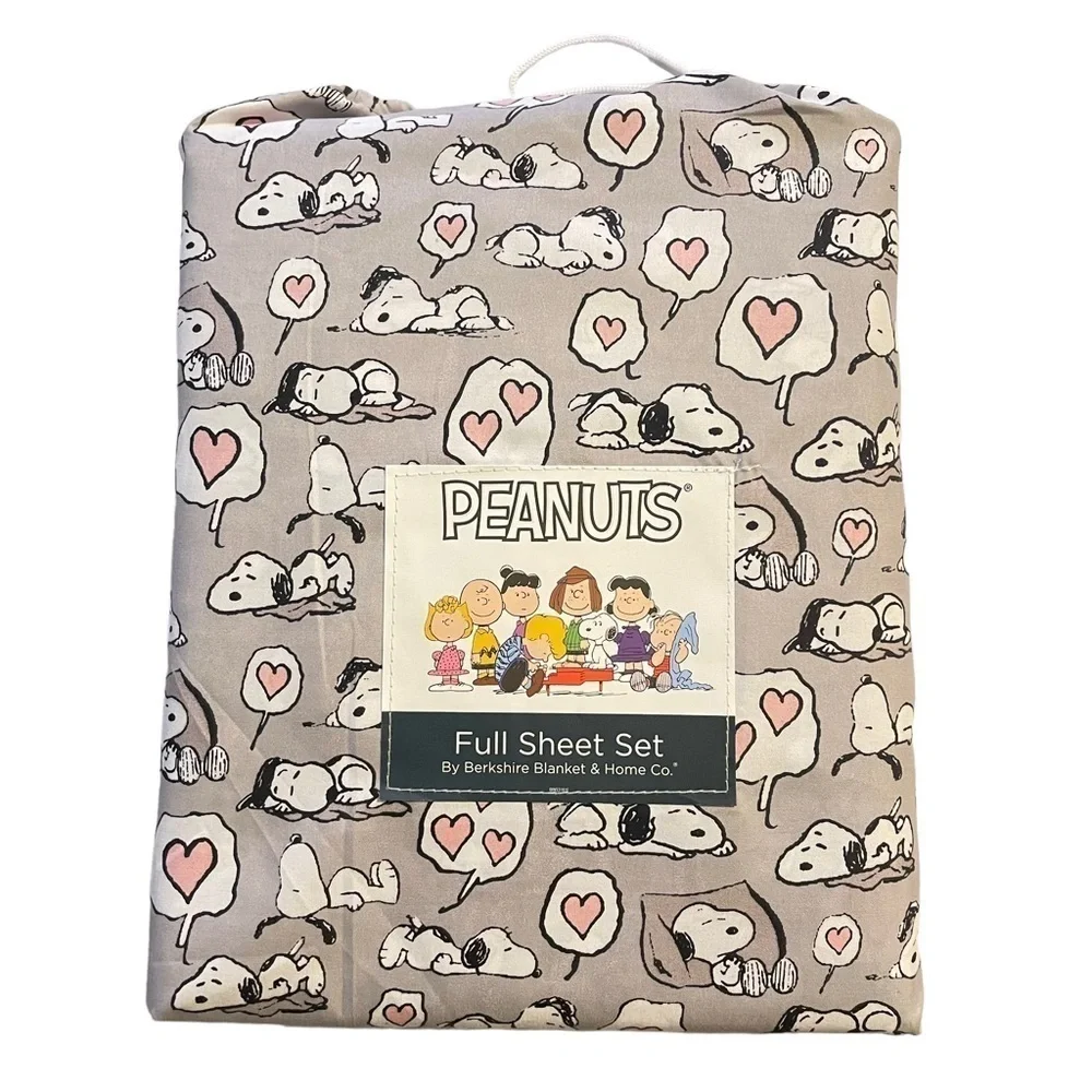 Snoopy Peanuts Full Size Valentine Sheet Set Gray pink Hearts NWT